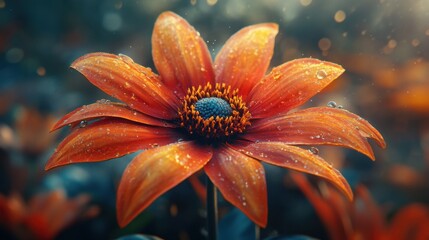 Vibrant orange flower blooms in a dew-kissed garden under soft morning light