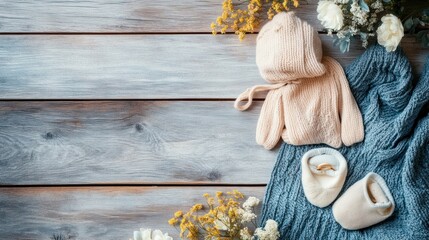 A cozy baby outfit with booties and decorative flowers on a wooden surface.
