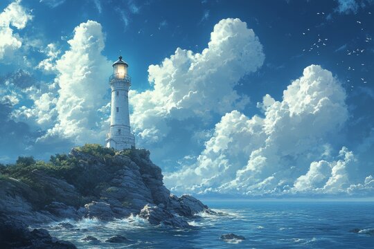 Lighthouse overlooking calm sea with vibrant blue skies and fluffy clouds at sunset