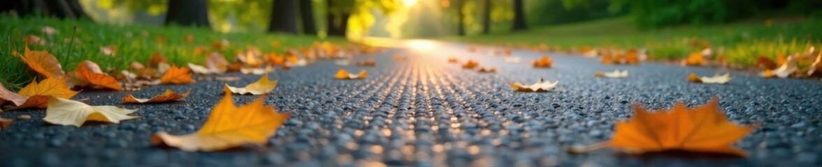 Asphalt surface in park with scattered leaves, landscape, outdoor, terrain