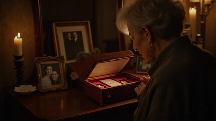Elderly Woman Nostalgically Examining Jewelry Box Against Candlelit Room