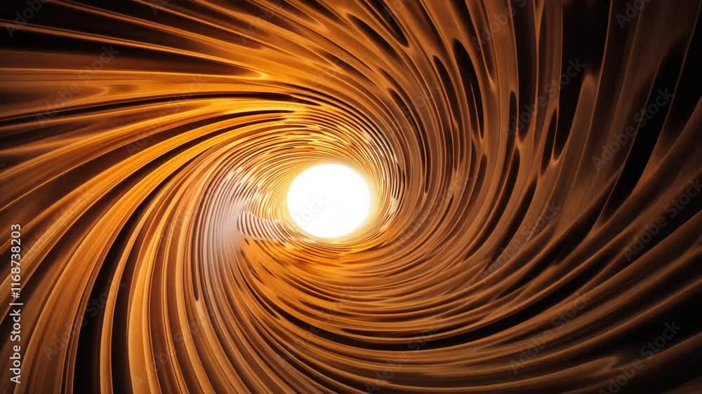 Poster mesmerizing abstract spiral tunnel design with golden hues and swirling patterns, leading to bright 