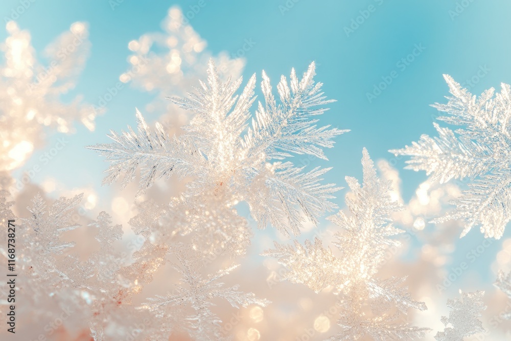 Poster macro ice crystals creating winter wonderland on frosted window