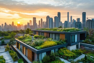 Fototapeta premium Green roofs improving air quality in modern city buildings