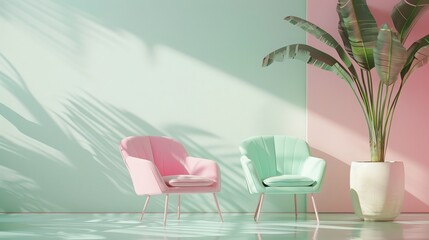Fototapeta premium Gradient of pastel pink and mint green, evoking a soft, retro aesthetic. 