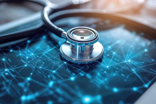 Stethoscope analyzing futuristic medical data on digital tablet: embracing technological advancements in healthcare - Powered by Adobe