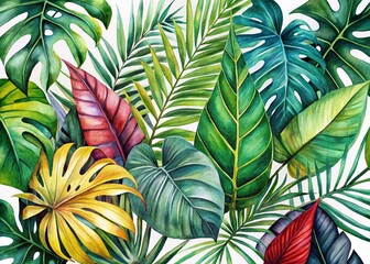 Lush Tropical Leaves Watercolor Illustration: Palm, Monstera & Exotic Plants