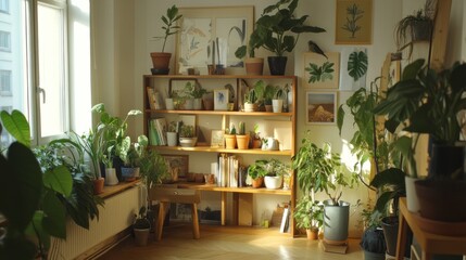 Fototapeta premium A cozy indoor space filled with various plants and a bookshelf, creating a serene atmosphere.