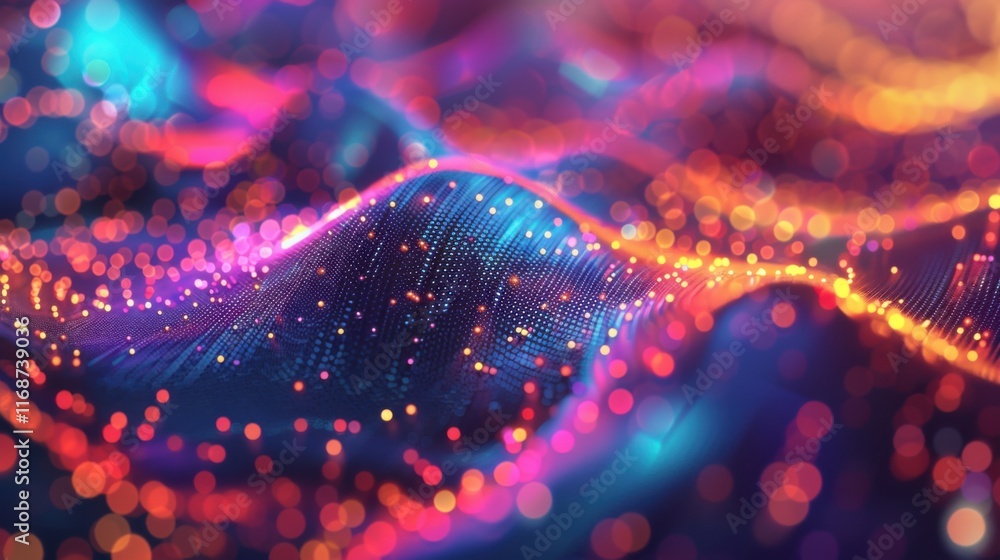 Poster Big data technology and data science illustration. Data flow concept. Querying, analyzing, visualizing complex information. Neural network for artificial intelligence. Data mining. Business analytics 