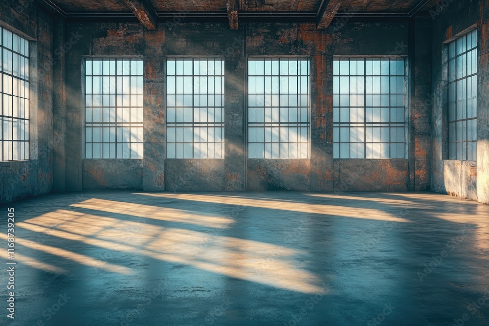 Poster sunlight illuminating empty industrial warehouse through large windows