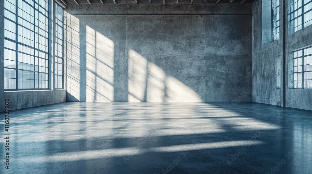 Poster sunlight illuminating empty industrial room through large windows