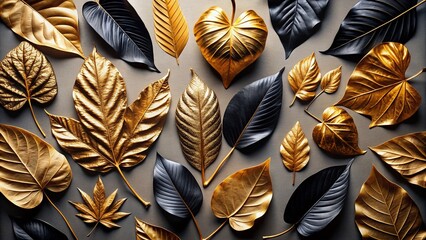 Elegant Gold & Black Autumn Leaves Arrangement - Stock Photo
