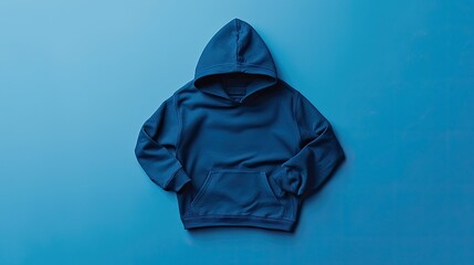 A blue hoodie laid flat on a matching blue background.