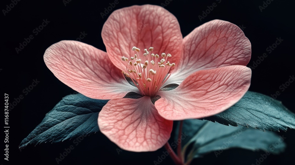 Poster delicate pink flower with intricate petal textures against dark background creating a striking contr