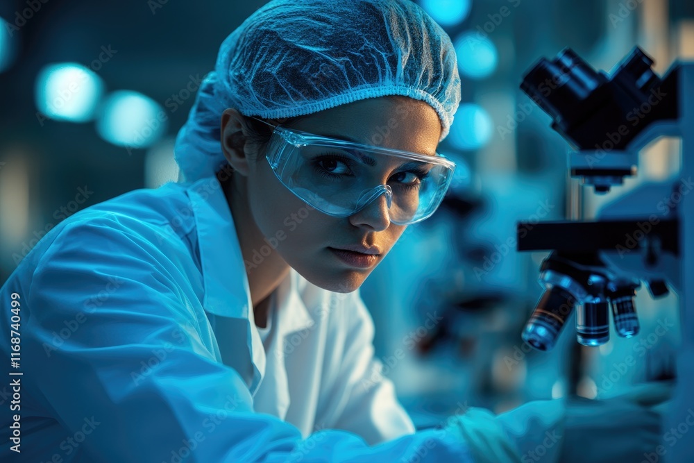 Poster scientist working with microscope in laboratory researching new medicine or chemical solution