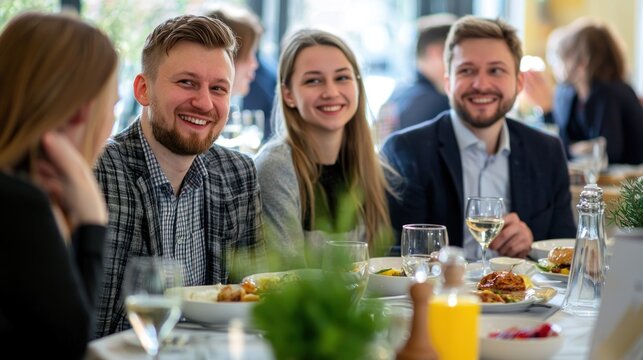 A group of colleagues having lunch together at a business event.