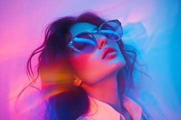 Obraz premium Fashion model posing with sunglasses under colorful neon lights