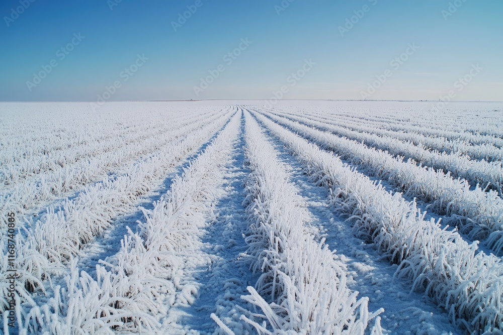 Wall mural Winter crops covered in frost stretching into horizon under blue sky