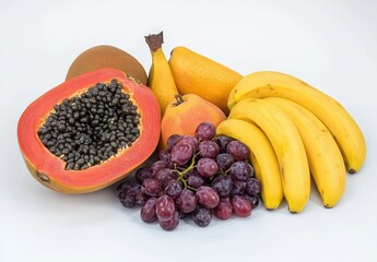Vibrant Display of Fresh Fruits Including Papaya, Bananas, Grapes, Pears, and Kiwi Showcased on a Light Background for Health and Culinary Themes