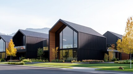 Fototapeta premium Modern architectural building with large windows and greenery.