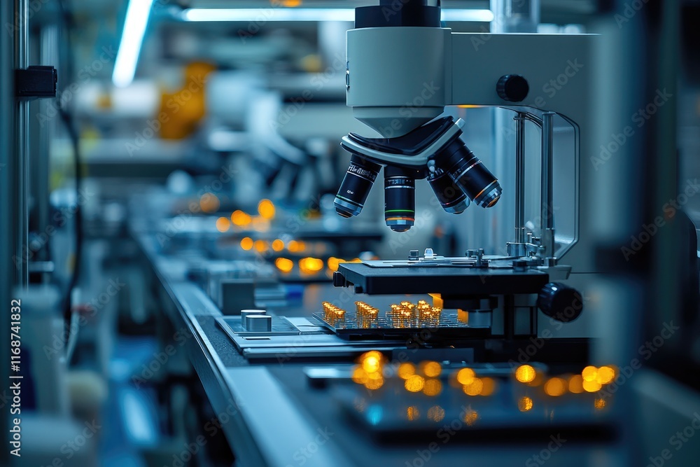 Leinwandbilder microscope analyzing microchips on production line in modern factory