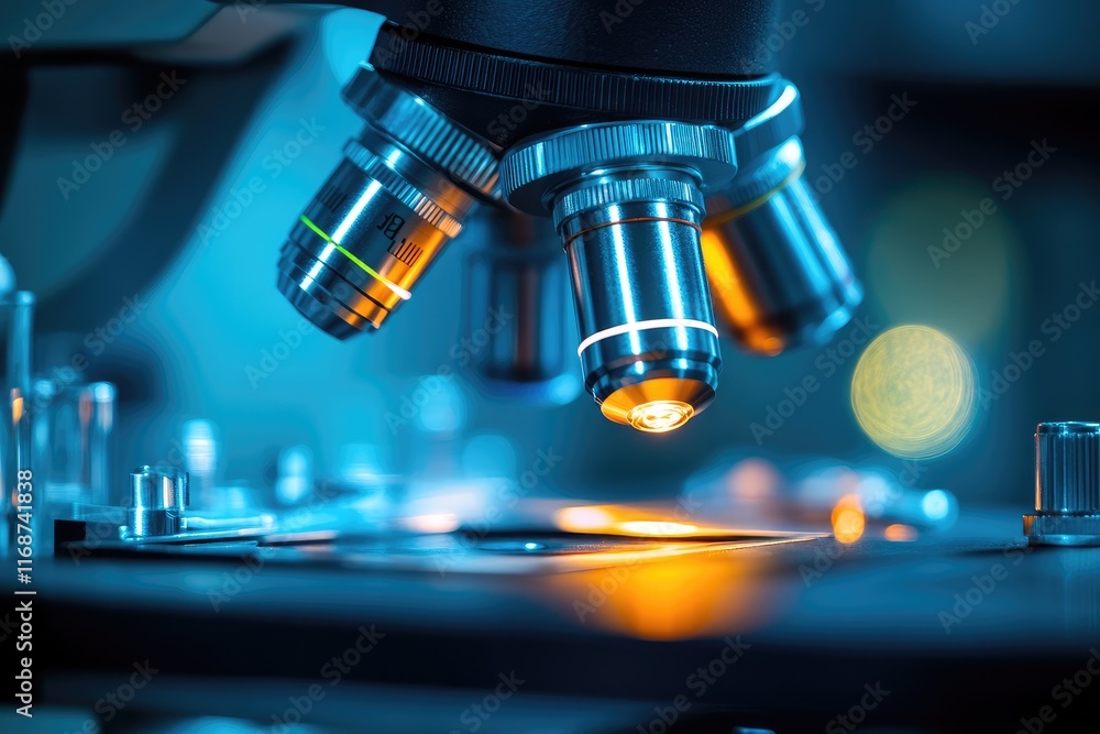 Aufkleber Modern microscope illuminating sample slide in laboratory setting