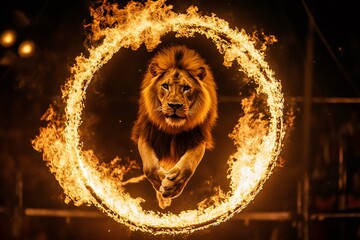 Lion jumping through ring of fire in circus act