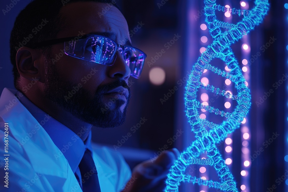 Poster scientist analyzing glowing dna double helix in futuristic laboratory