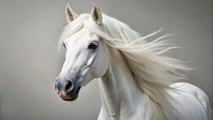 Obraz premium Elegant White Horse Head on Gray Background - Banner with Copy Space for Equestrian Brand