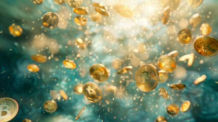 Golden Bitcoins Falling Down on Sparkling Background
