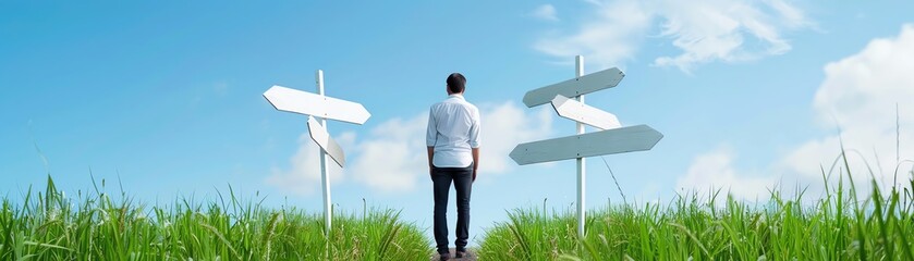 A professional standing on a pathway choosing the latter.