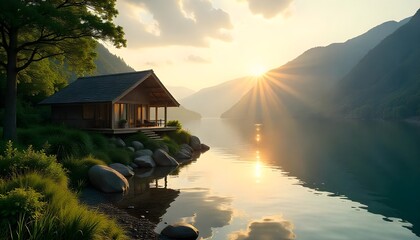 Perched on the edge of a tranquil, glistening lake, an eco-friendly bungalow offers a breathtaking panoramic view of lush greenery, with the morning sun casting a warm, golden glow over the serene wat