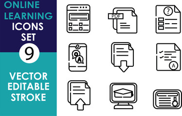 A set of nine vector line icons for online learning, including PDF files, certificates, question forms, computers, assignments, and tools for educational purposes, editable stroke