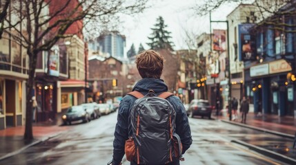 A young adult wearing a backpack while cycling through a city.