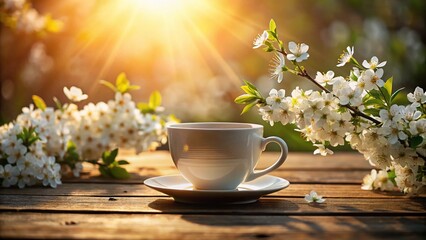 Elegant White Teacup Silhouette with Blossoms on Rustic Wood - Peaceful Morning Drink