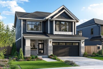 Beautiful modern suburban house with garage and garden on sunny day