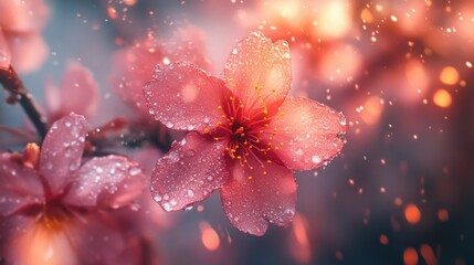 Cherry blossom blooms with dew drops reflecting sunlight during spring in a tranquil garden setting. Generative AI