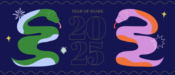 Year of Snake 2025 Happy New Year Banner Landscape Vector Illustration 