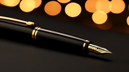 Elegant black fountain pen on dark surface with bokeh lights.