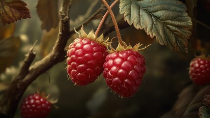 Fresh raspberries hanging from a slender branch in a lush garden during golden hour. Generative AI