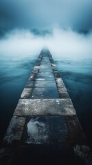 Fototapeta premium A mysterious stone path extends into the foggy distance over calm waters, creating a serene and meditative atmosphere.