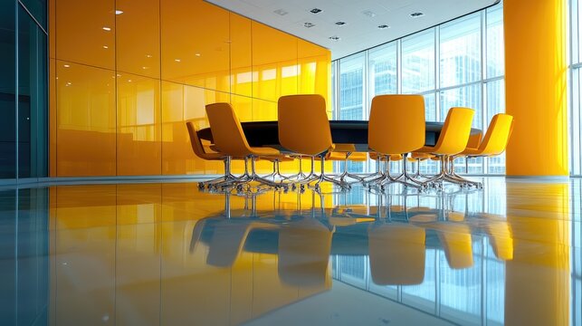 Yellow chairs around a modern round table in a meeting room