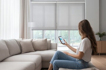 Woman controlling smart home devices using mobile app, adjusting blinds settings from sofa in living room
