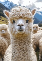 Obraz premium Close encounter with fluffy alpacas on a sunny day in the mountain pastures of South America