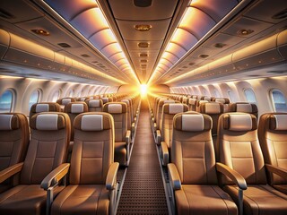 Empty Airplane Cabin Interior: Atmospheric Overhead Lighting, Rows of Seats, Aviation Stock Photo
