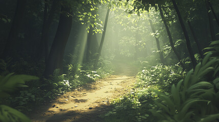 Fototapeta premium calming forest scene with meandering path and sunlight filtering through trees