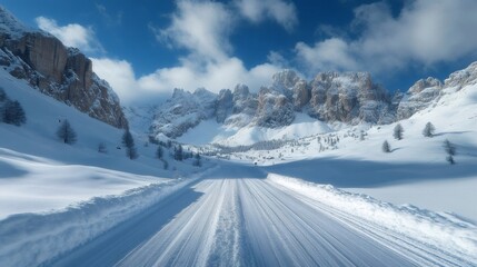 Snowy road leading through the dolomites in winter