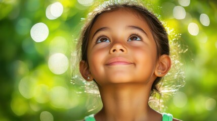 A joyful child gazing upward in a natural setting.