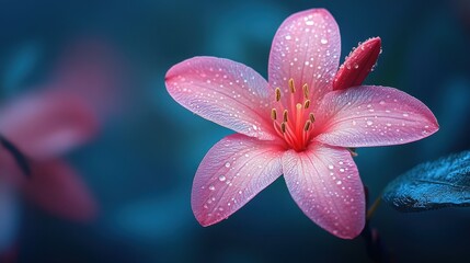 Fototapeta premium Beautiful pink flower adorned with dew drops in a serene setting during early morning light. Generative AI