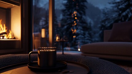 Cozy winter evening scene with warm drink by fireplace.